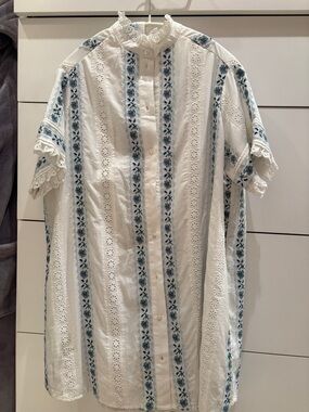 Sezane Analita Dress - Sézane X Andion White With Blue Floral Embroidery